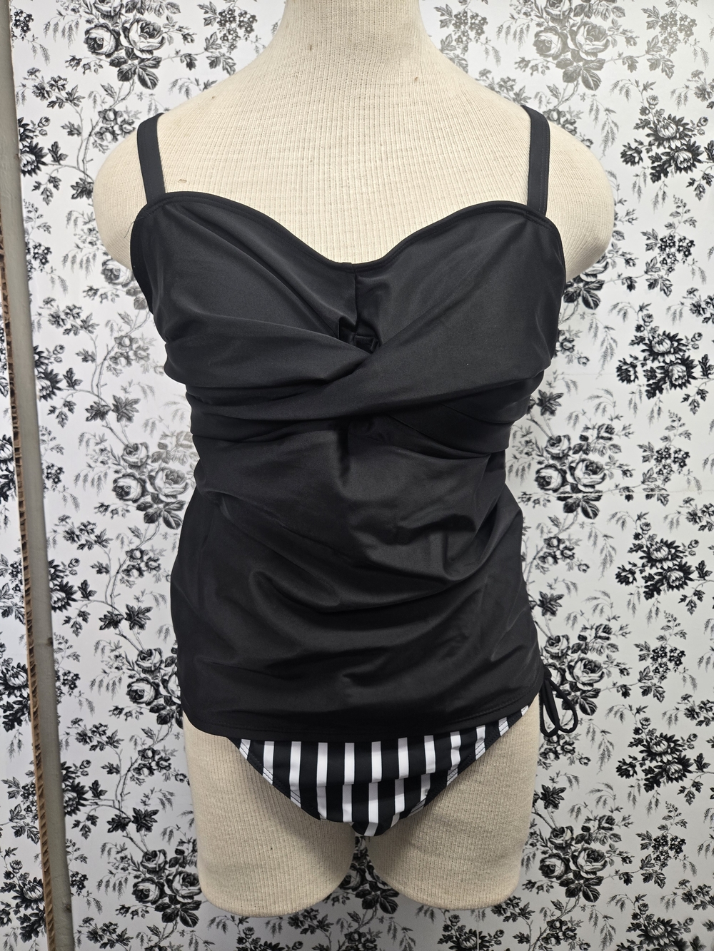 1XL Black Ruched Tankini Top Striped Bottom Swim